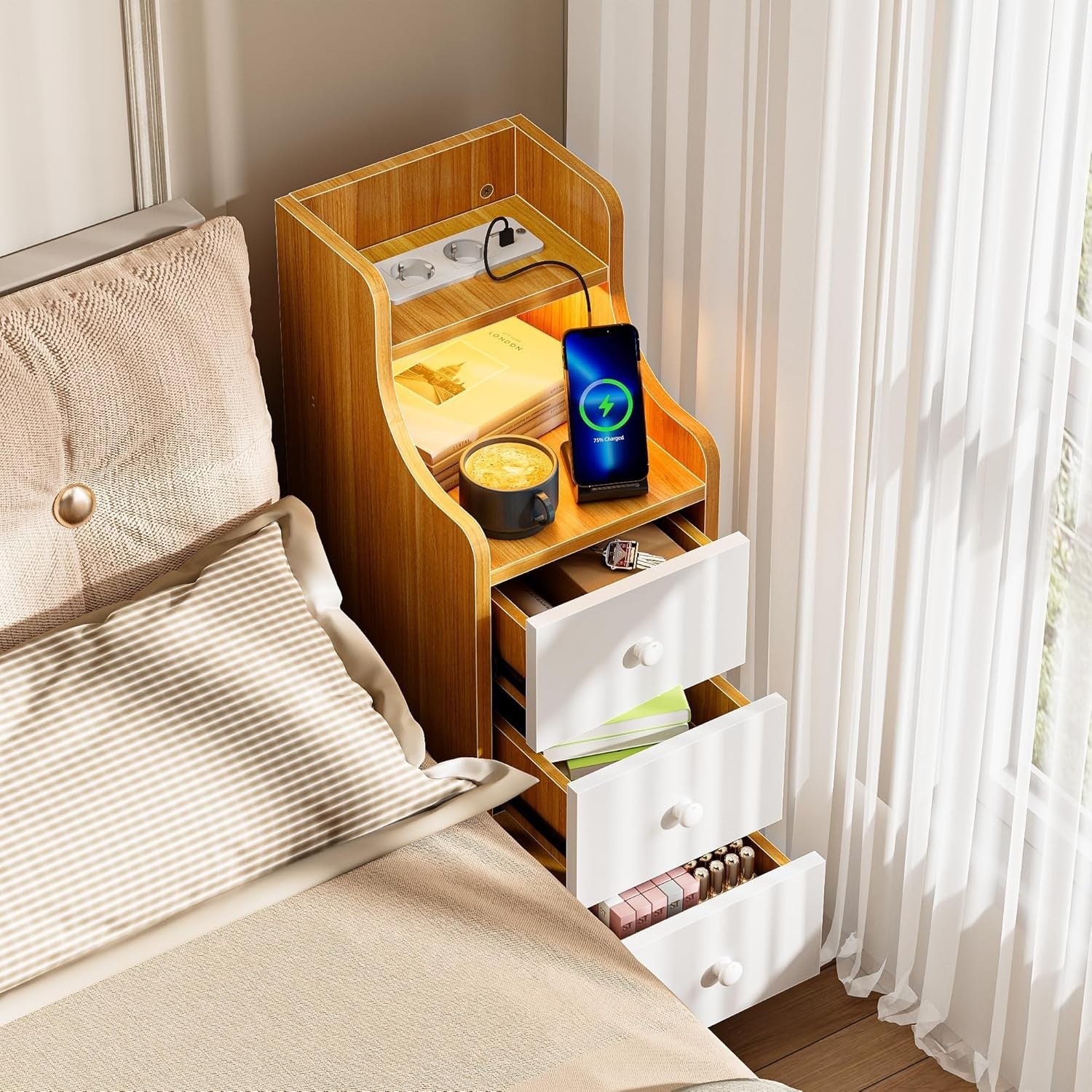 Slim Oak 3 Drawer Bedside Table with RGB LED Lights & Charging Station