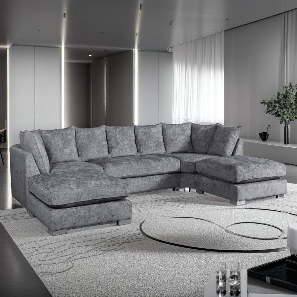 Grey U-Shape 5 Seater Modular Sofa – Comfy Sectional Couch with Footstools