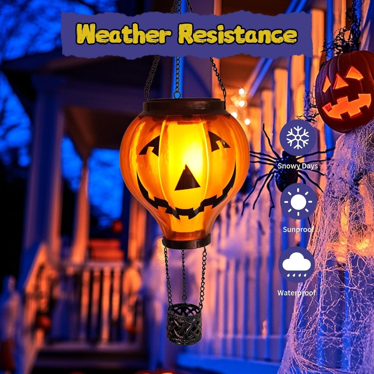 Halloween Pumpkin Hot Air Balloon Solar Lantern LED Flicker Light Outdoor Decor