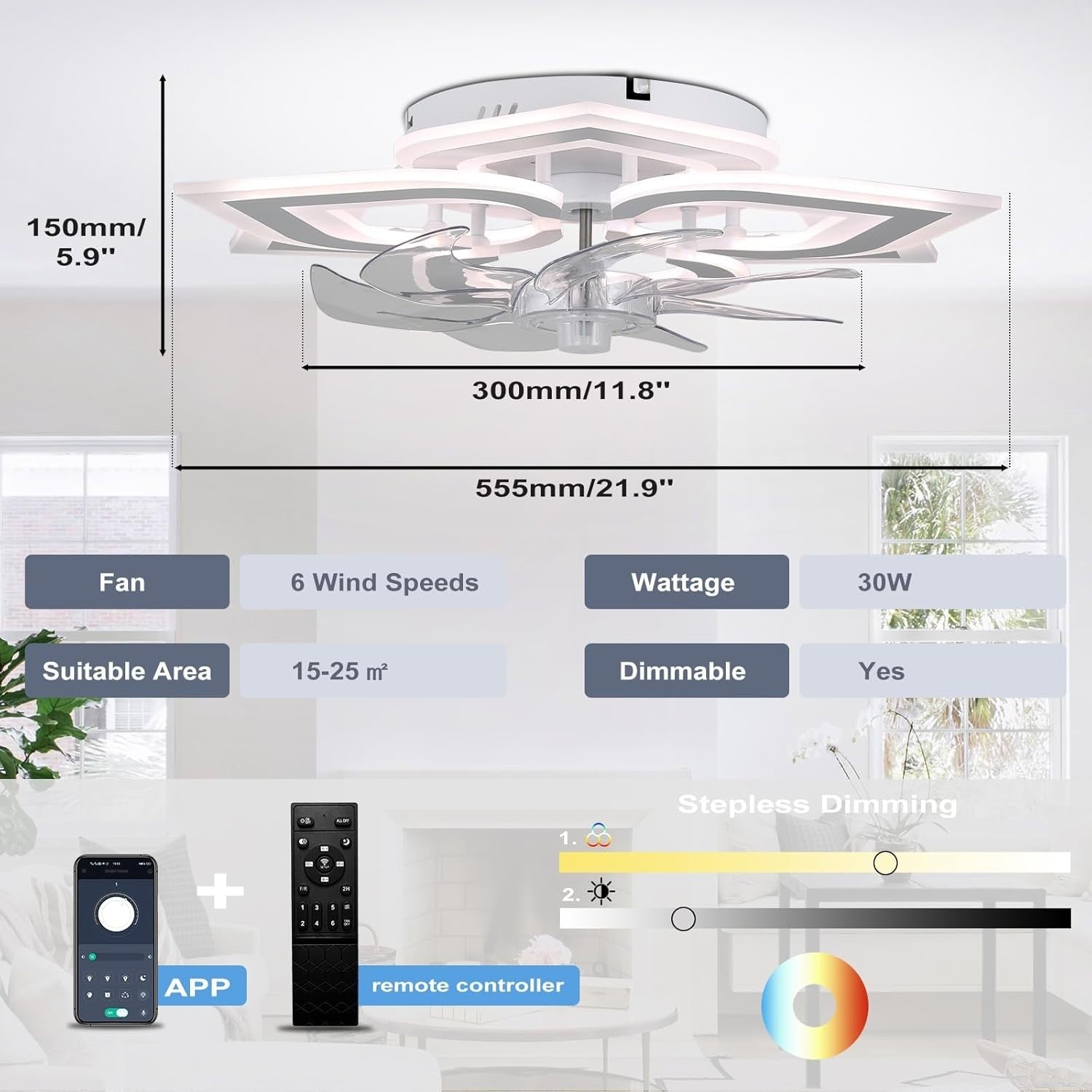 Low Profile LED Ceiling Fan, 6 Speeds, Dimmable Light, White