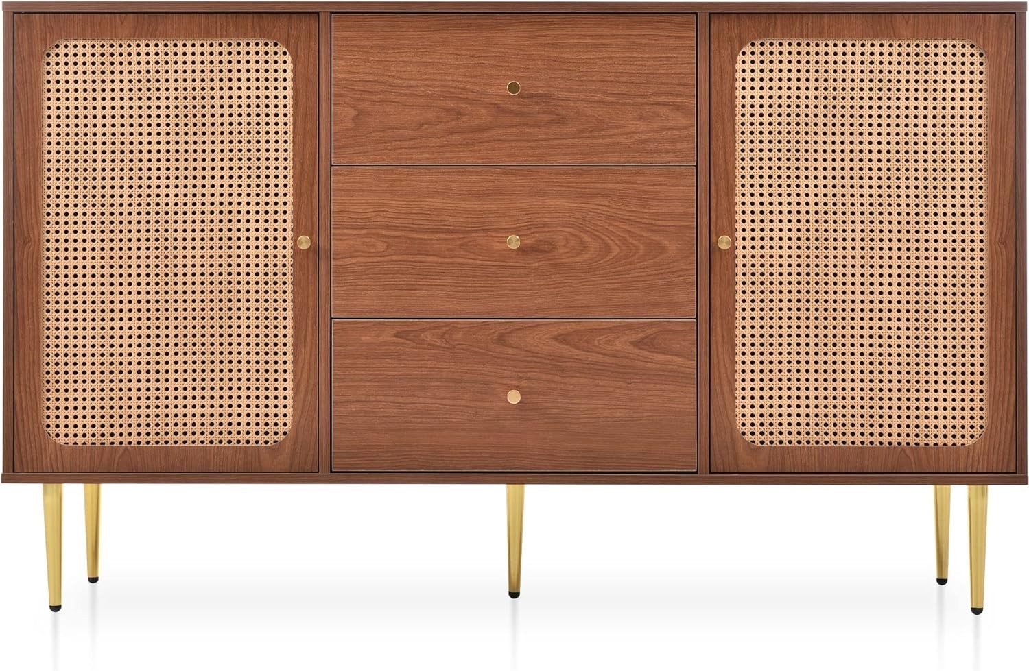 Modern Walnut Sideboard Cabinet Rattan Doors 3 Drawers Storage Unit