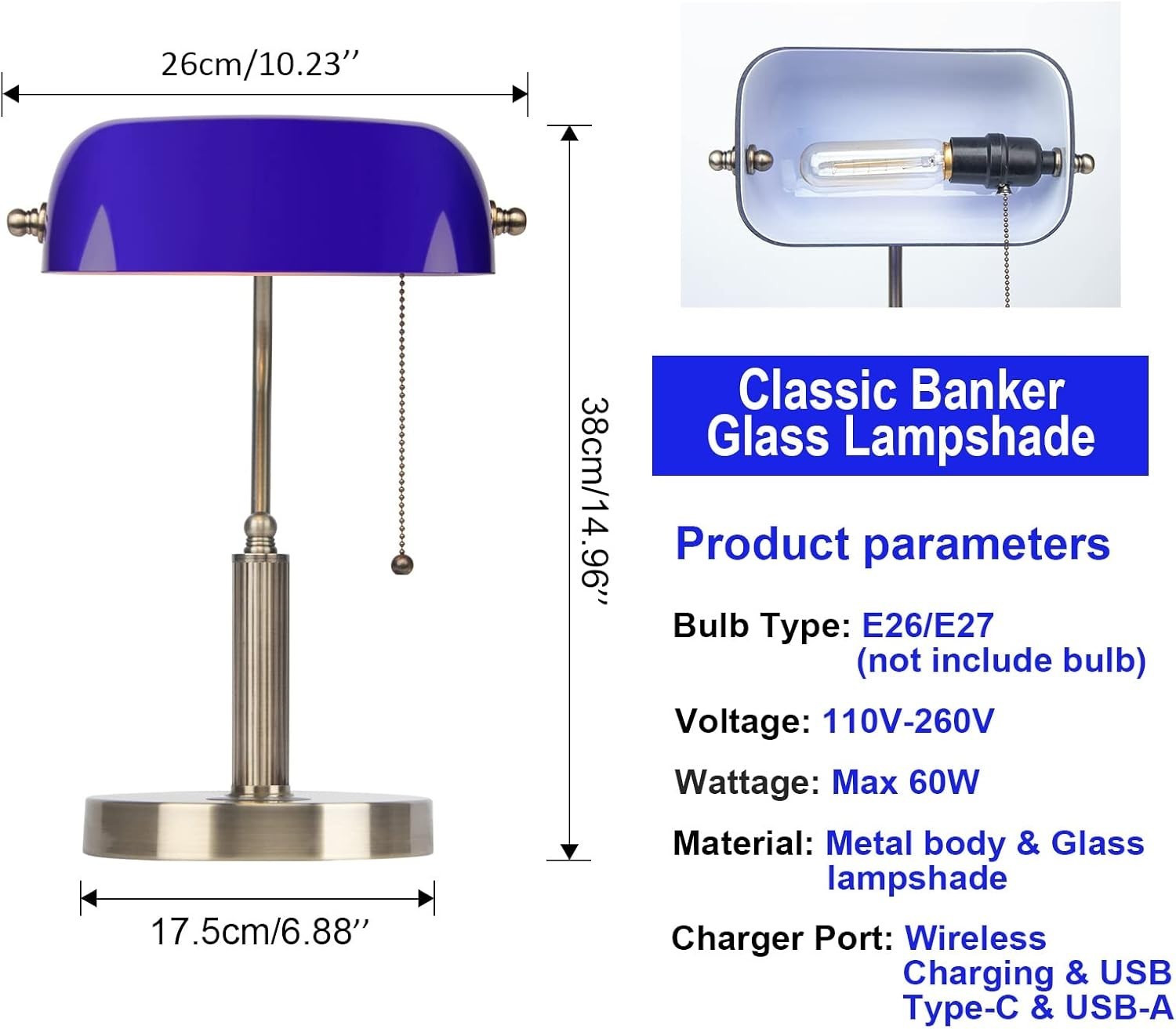 Blue Glass Desk Lamp with Wireless Charger & USB Port, Retro Style