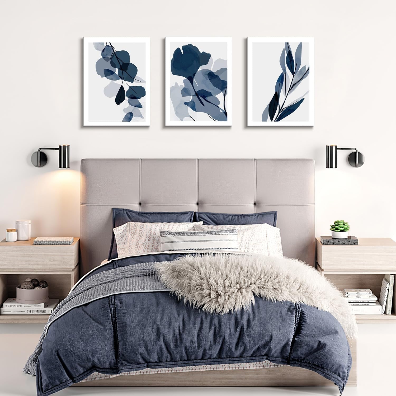 Framed Blue Flower Wall Art Set of 3 Botanical Prints 12x16in