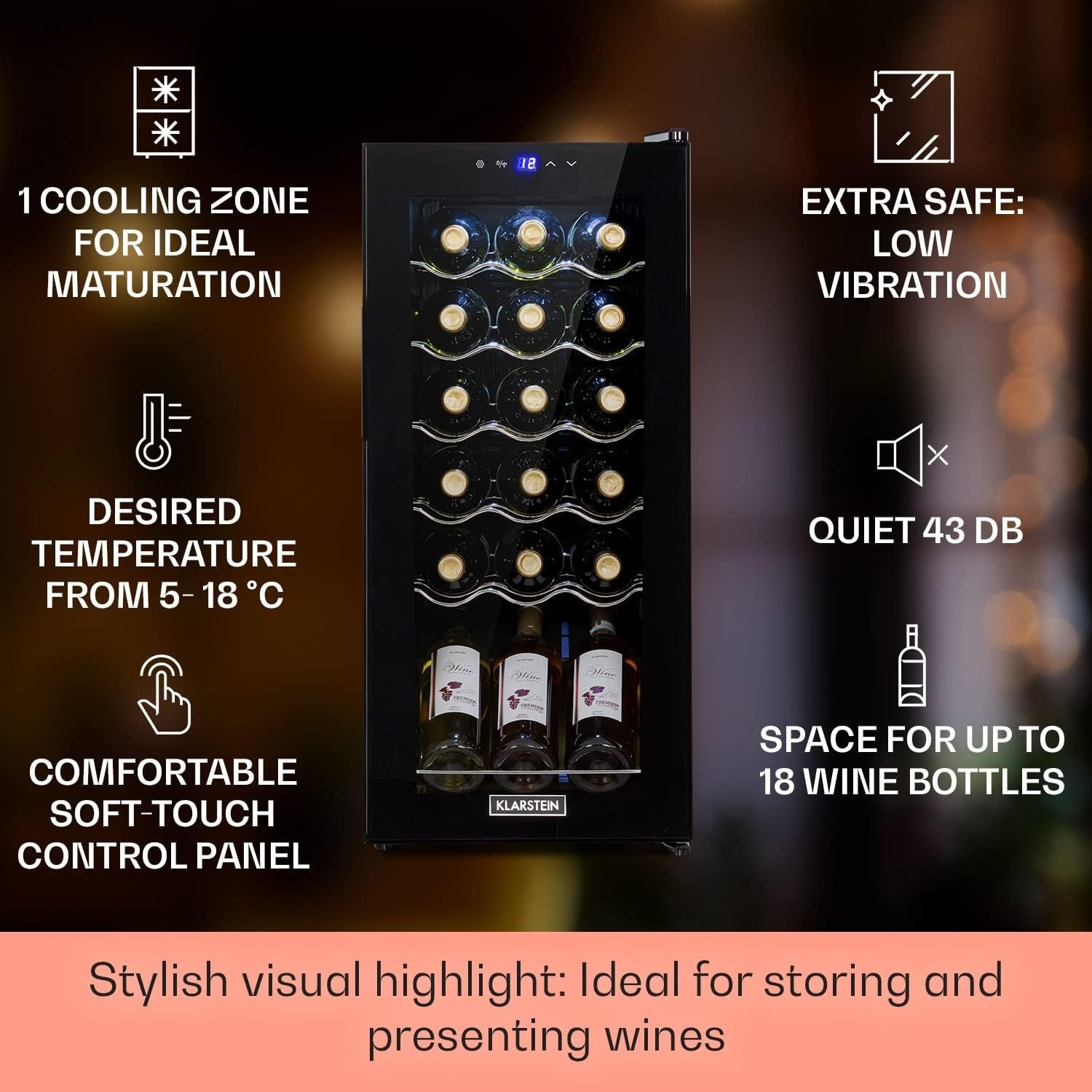 Wine Cooler Fridge 18 Bottle Glass Door Single Zone Slim Freestanding Black