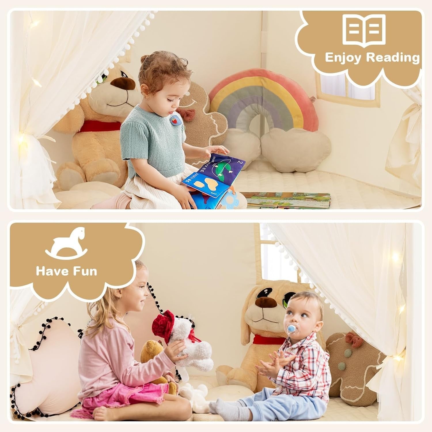 Large Kids Play Tent Castle Indoor w Star Lights Mat Windows Playhouse