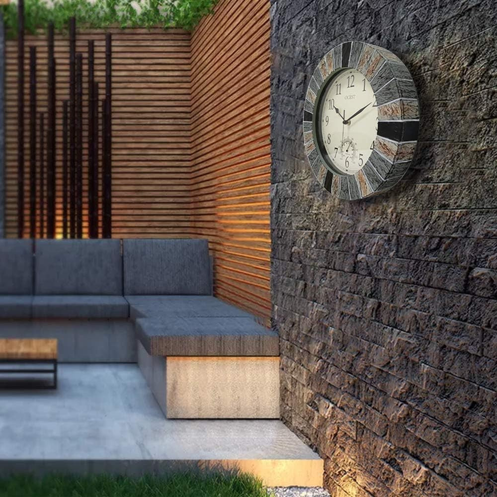 13" Outdoor Garden Wall Clock Waterproof Thermometer Retro Large Silent Decor