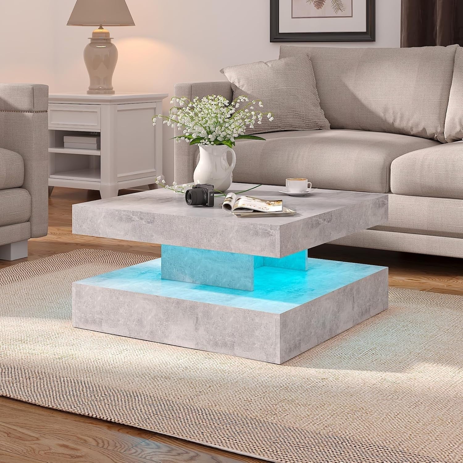 Grey Square LED Coffee Table with Storage, 2-Tier High Gloss 78x78cm