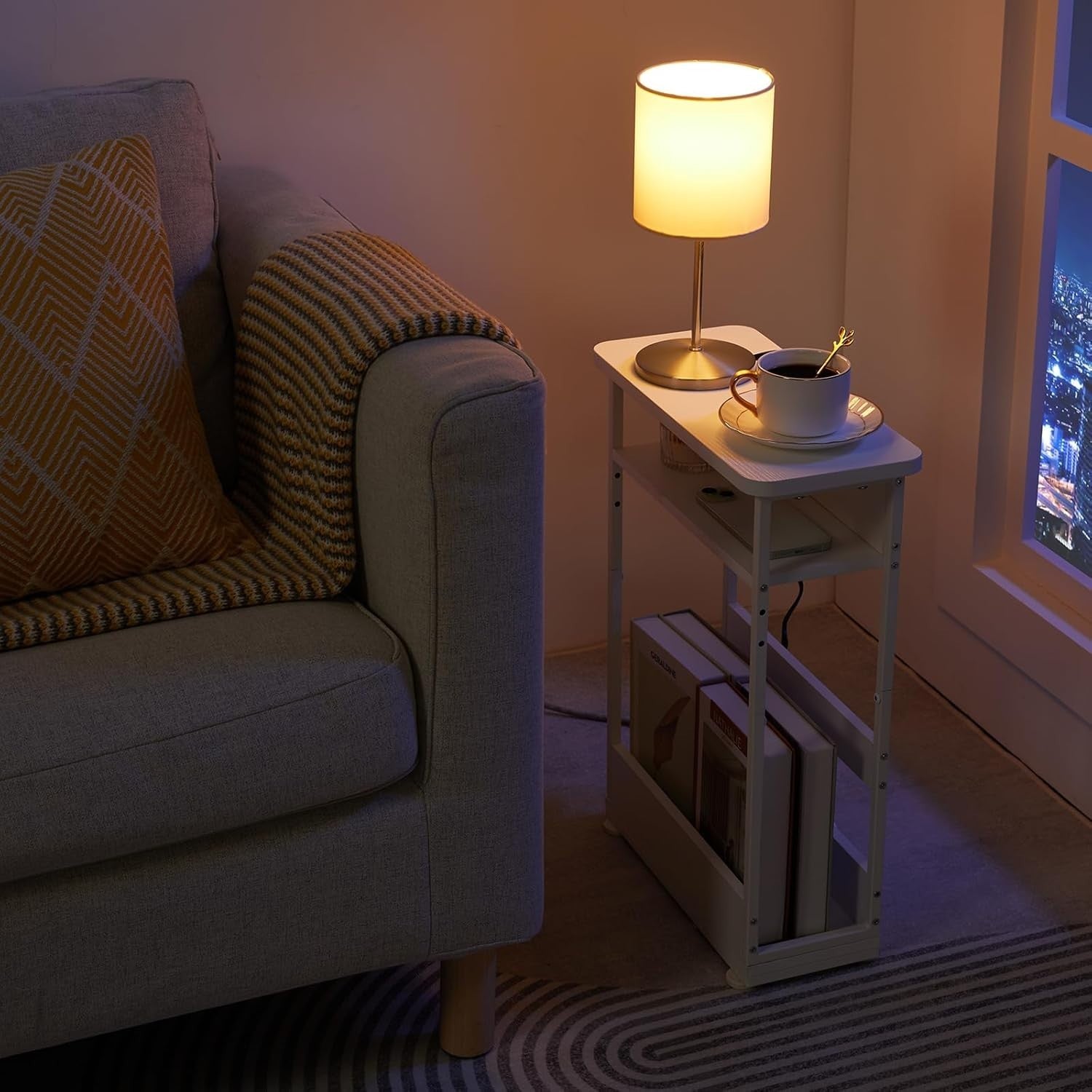 White Narrow Side Table for Small Spaces – Slim Bedside Unit with Shelf