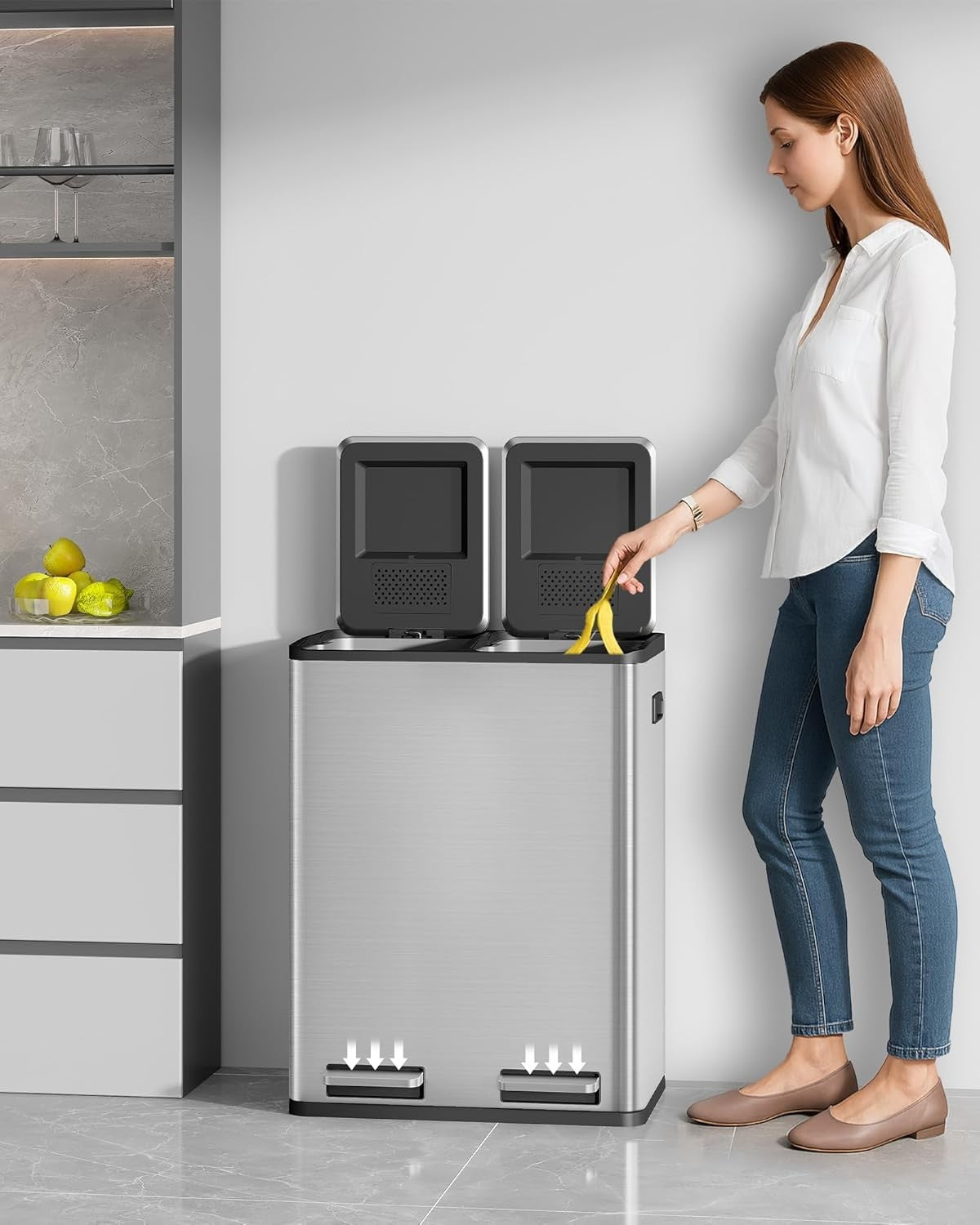 60L Double Kitchen Recycling Bin | 2 x 30L Stainless Steel Pedal Bin