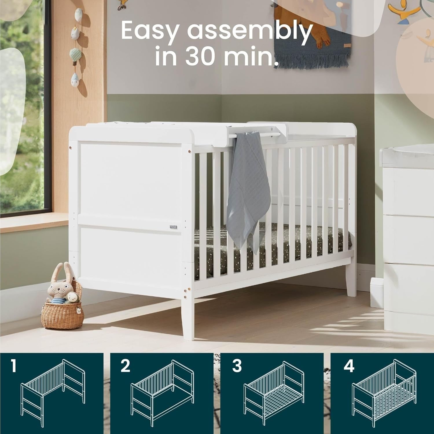 3in1 Mini Cot Bed with Drawer Toddler Sofa Adjustable Height Wooden Frame White