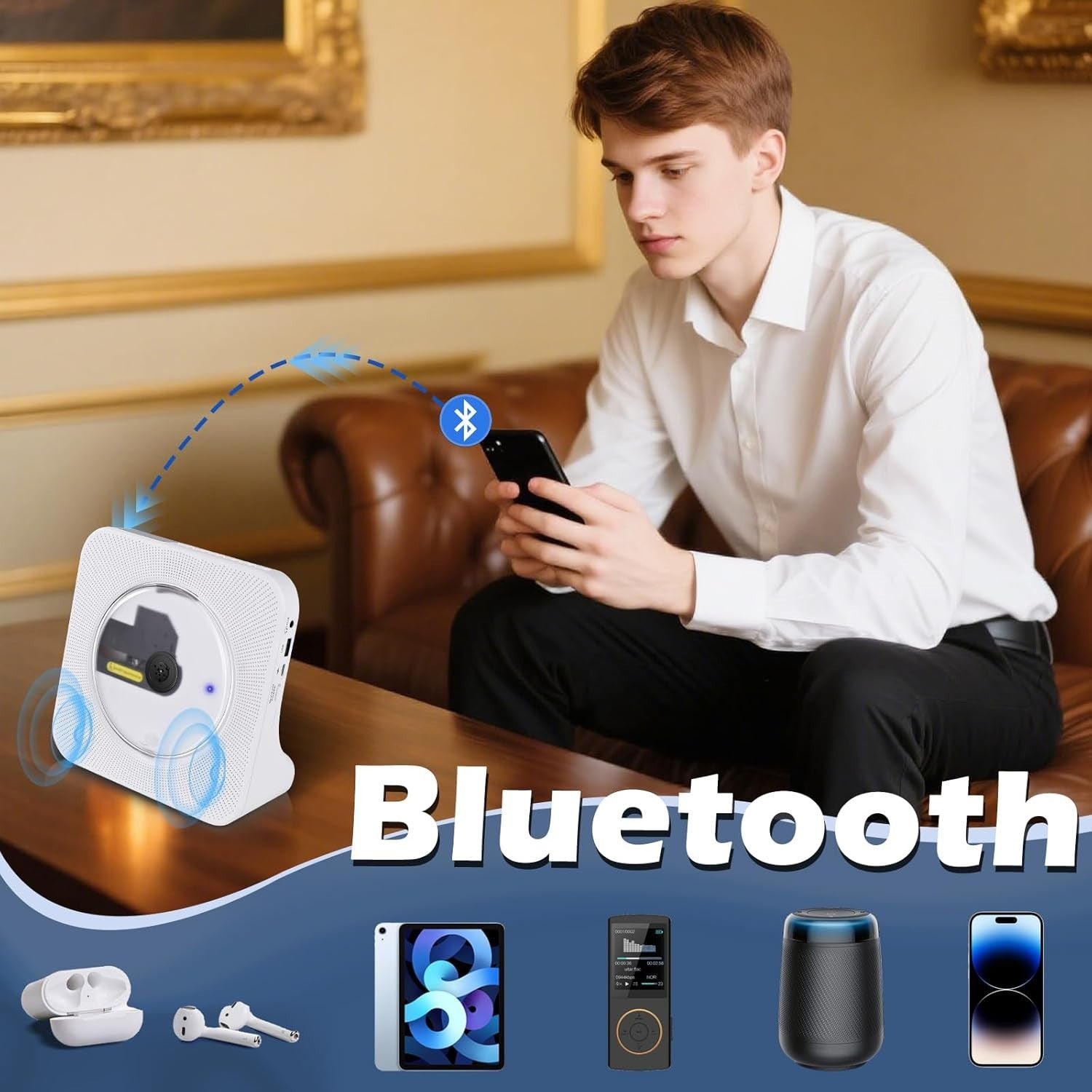 Bluetooth CD Player HiFi Speakers FM Radio USB AUX Remote White