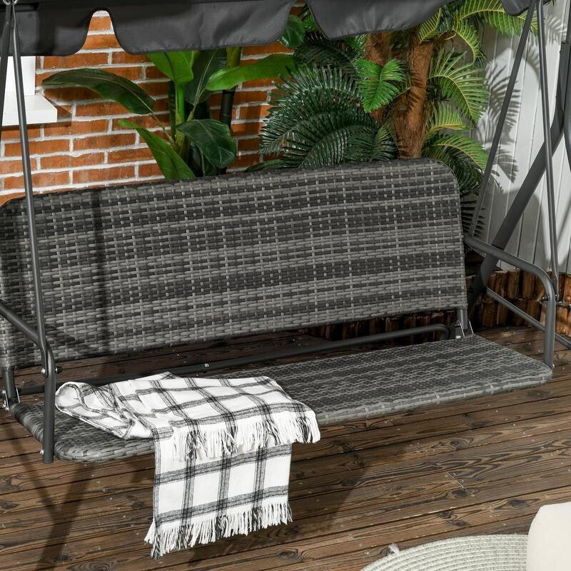 3-Seater Grey Rattan Garden Swing Chair with Canopy Outdoor Patio Seat
