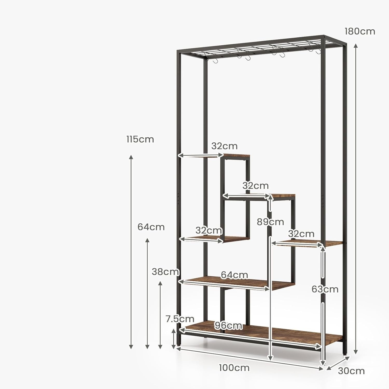 6 Tier Metal Plant Stand Rustic Brown Tall Flower Shelf with Hooks for Indoor De