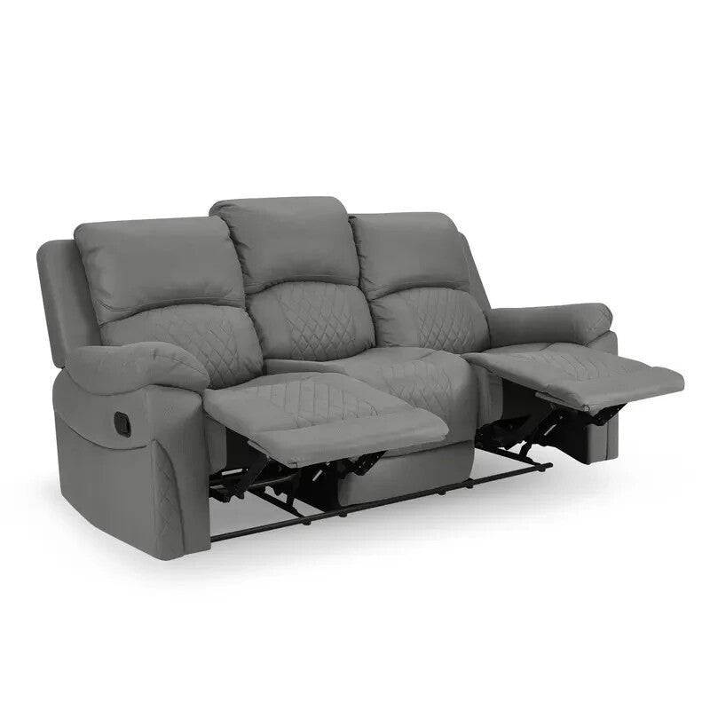 3 Seater Manual Recliner Sofa in Grey Air Leather with Diamond Stitching