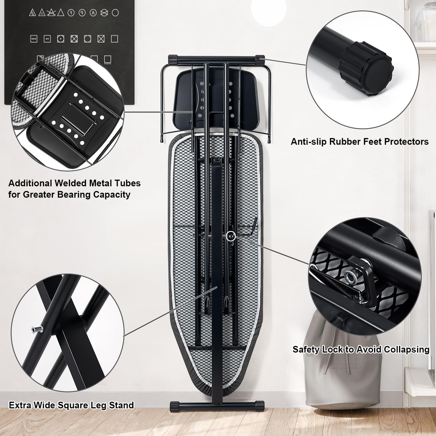 Extra Wide Ironing Board 123x44cm Black Heavy Duty Adjustable Steam Rest