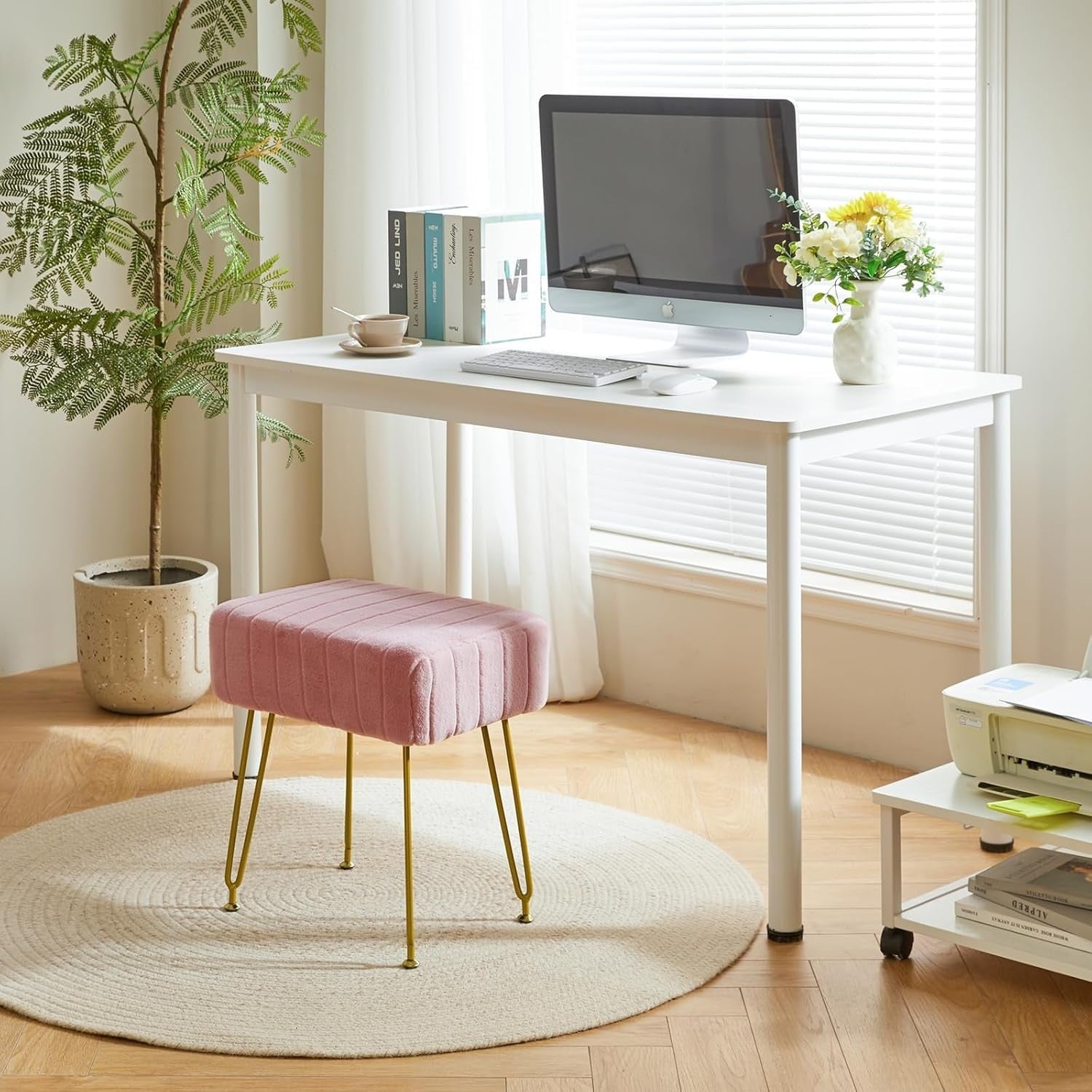 Pink Velvet Footrest Ottoman – Modern Vanity Stool with Gold Metal Legs