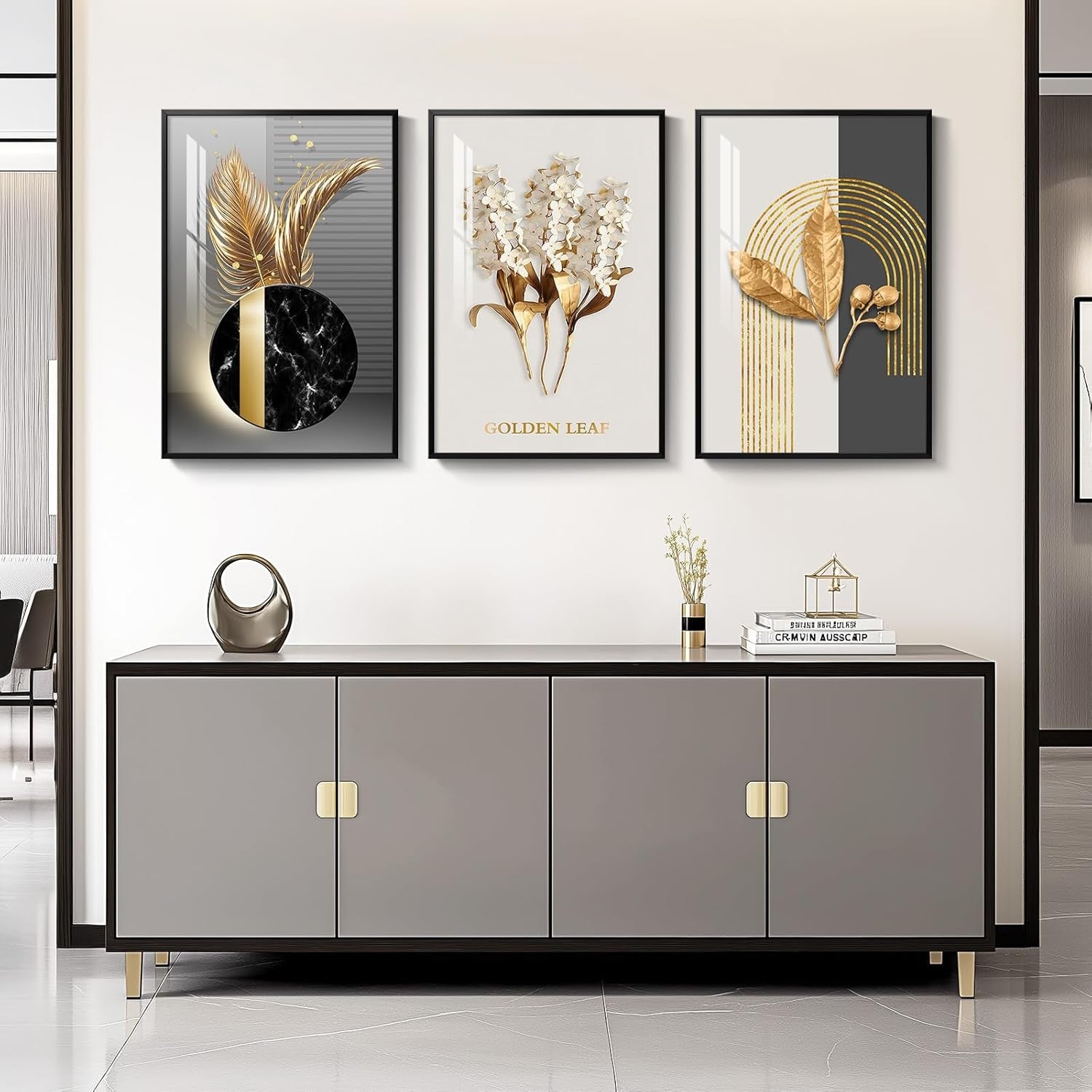 Large Black Gold Wall Art Set of 3 Framed 30x60 Abstract