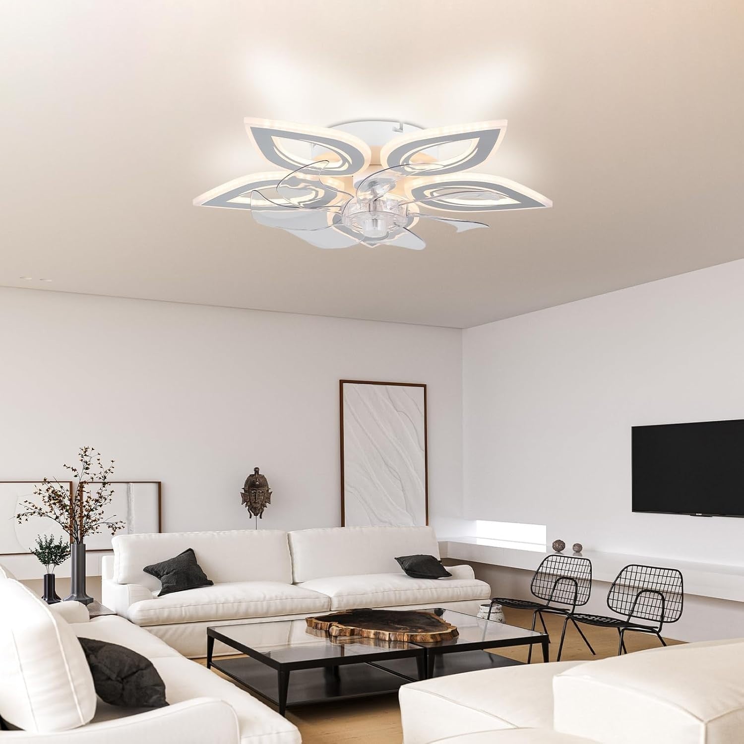 55CM Ceiling Fan with Light, 6-Speed, Remote, White, LED