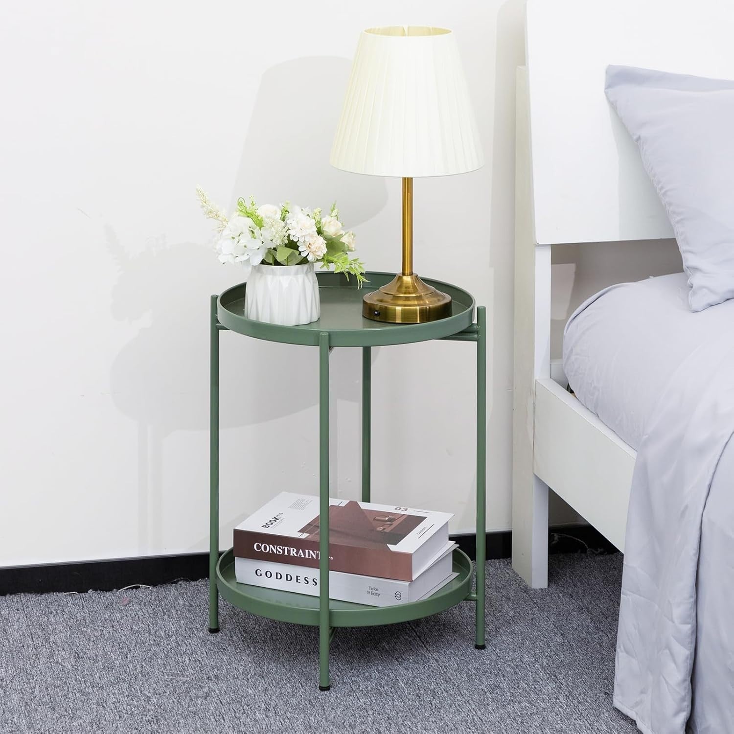 Small Round Metal Side Table 2-Tier Coffee Table Removable Tray Green