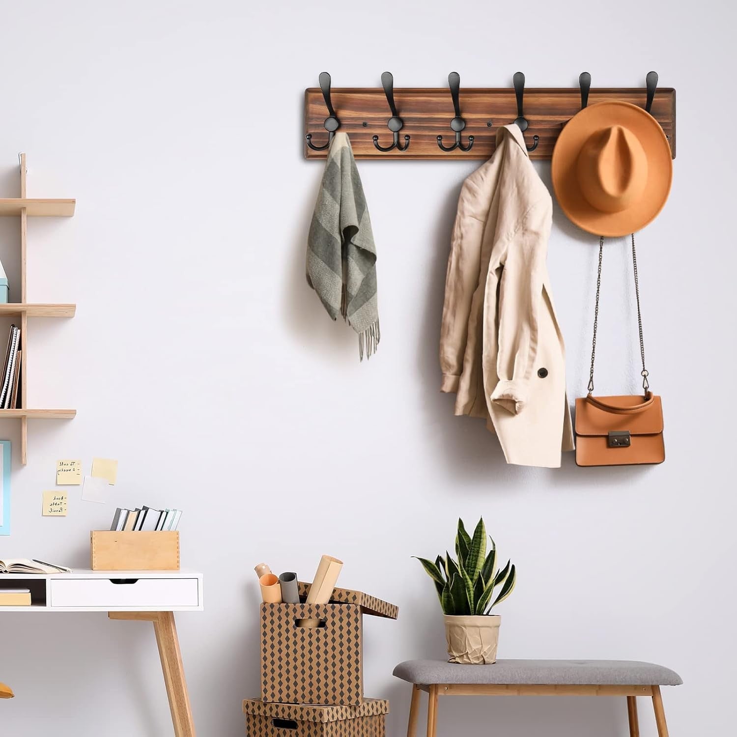 Wooden Wall Mounted Coat Rack | 6 Hook Heavy Duty Hanger for Hallway & Entryway