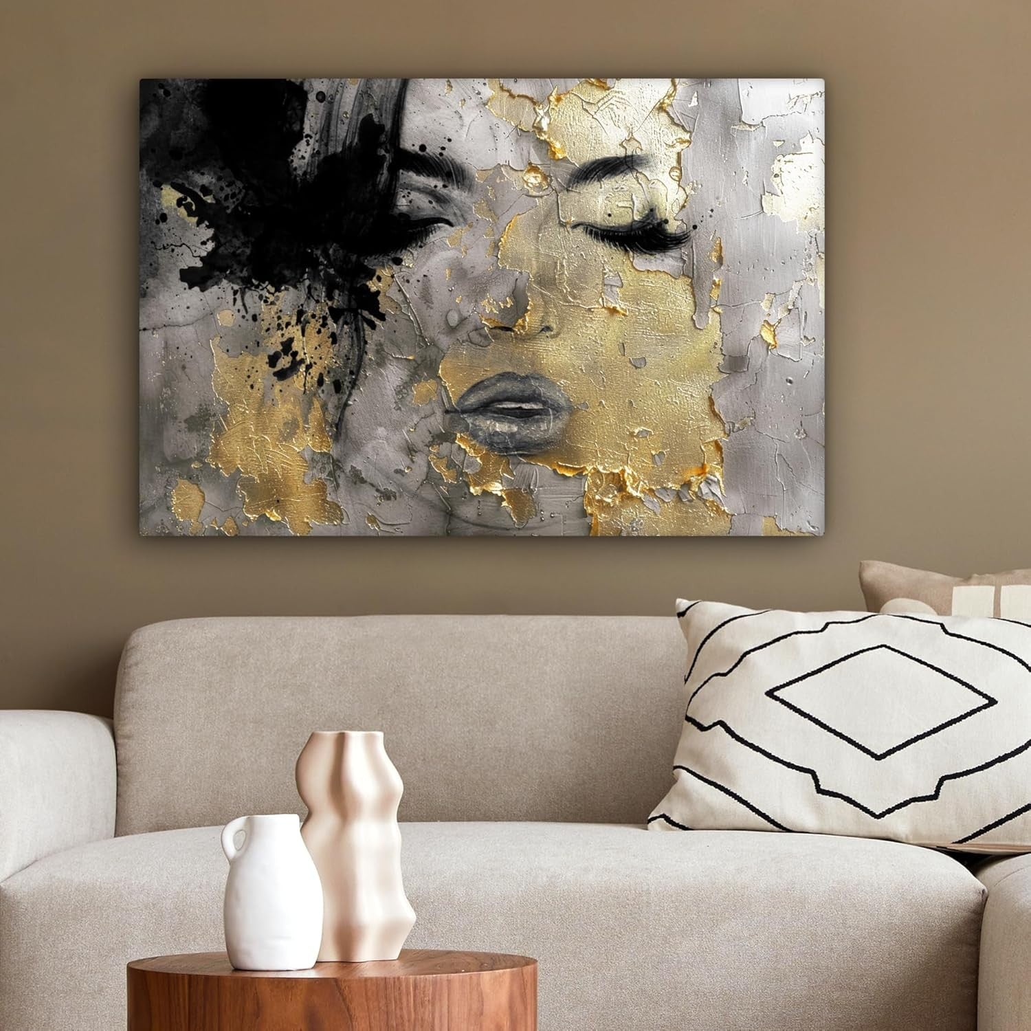 Large Framed Canvas Wall Art 60x40cm Gold Black Abstract Woman