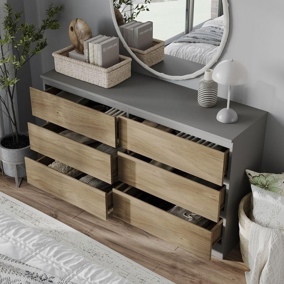 Oak 6 Drawer Chest Cabinet Storage Unit for Bedroom Living Room Office