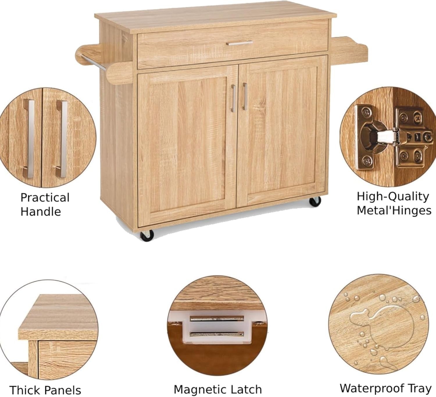 Kitchen Island Cart with Drawer, Adjustable Shelf & Towel Rack, Natural 40x116x8