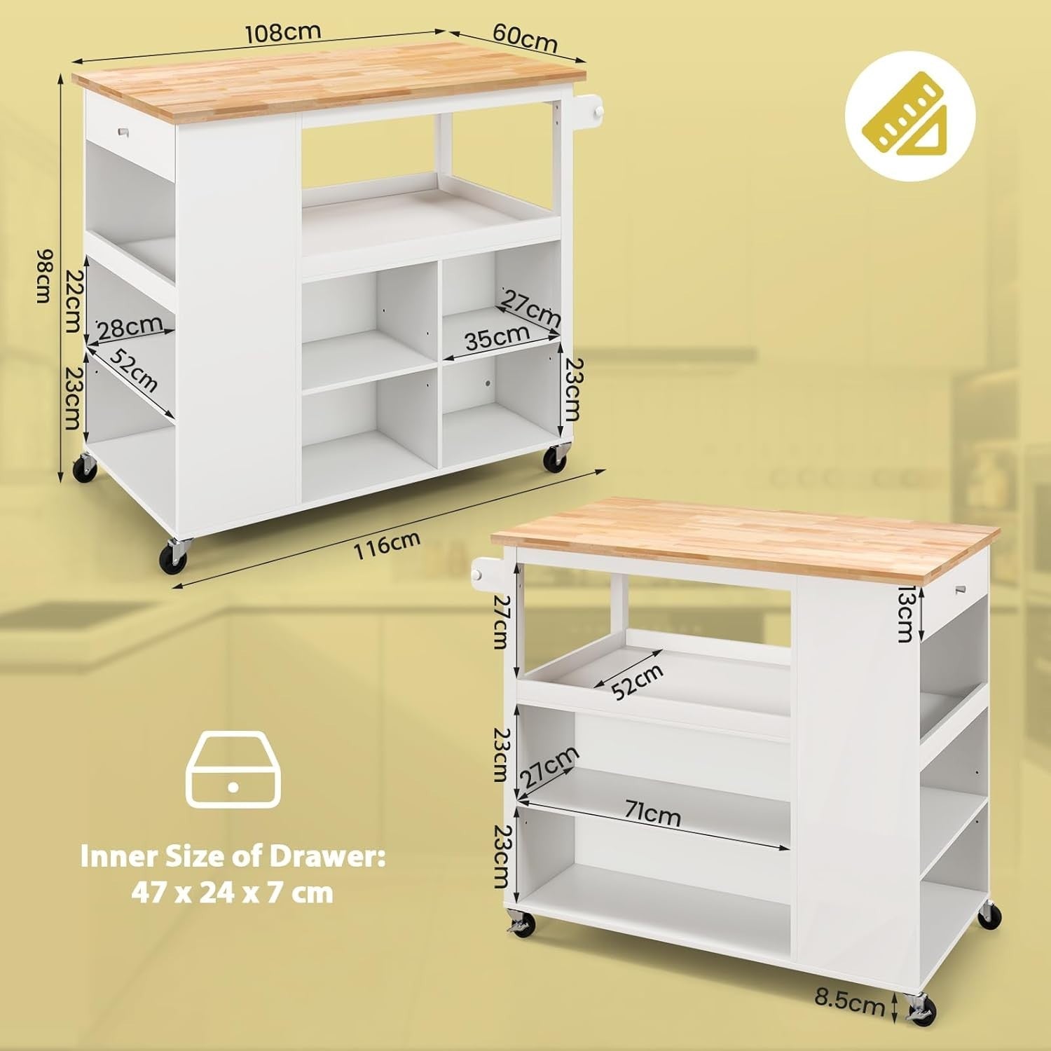 White Large Kitchen Island Cart Rubber Wood Top