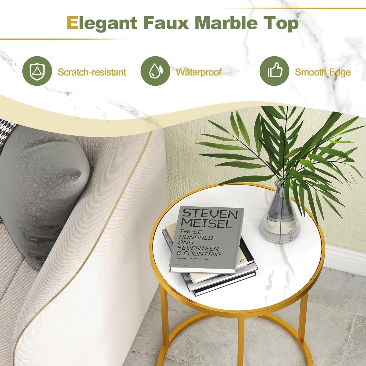 Marble Top Round Side Tables Set of 2 – Gold Metal Frame Modern End Tables