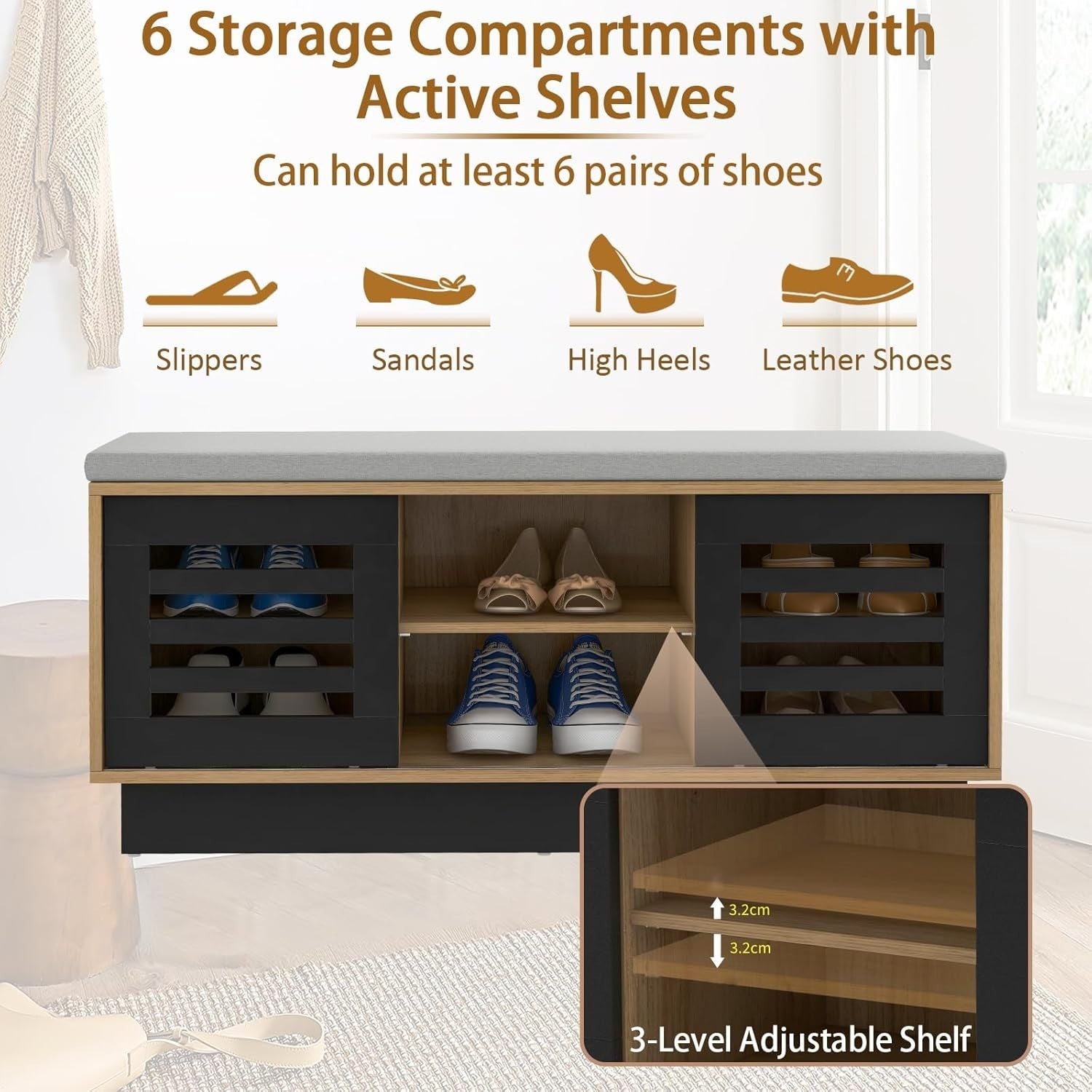2-Tier Shoe Storage Bench with Cushion, 6 Compartments & Sliding Doors