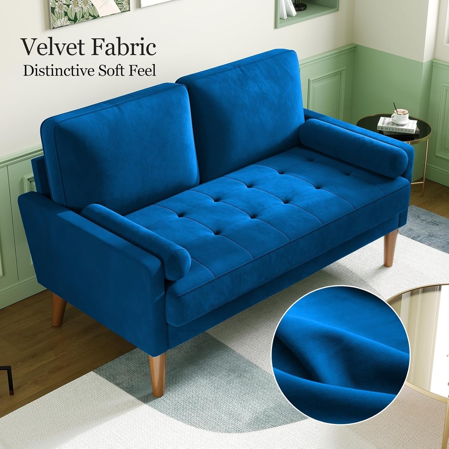 Blue Velvet 2 Seater Sofa Small Space Comfy Couch Wood Legs Living Room