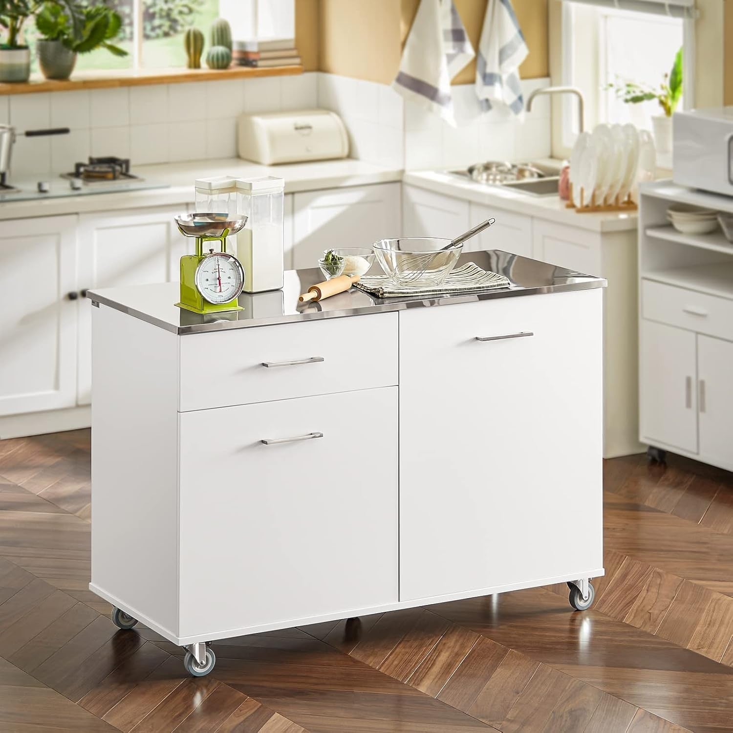 Large Kitchen Island on Wheels Storage Cabinet Stainless Steel Worktop