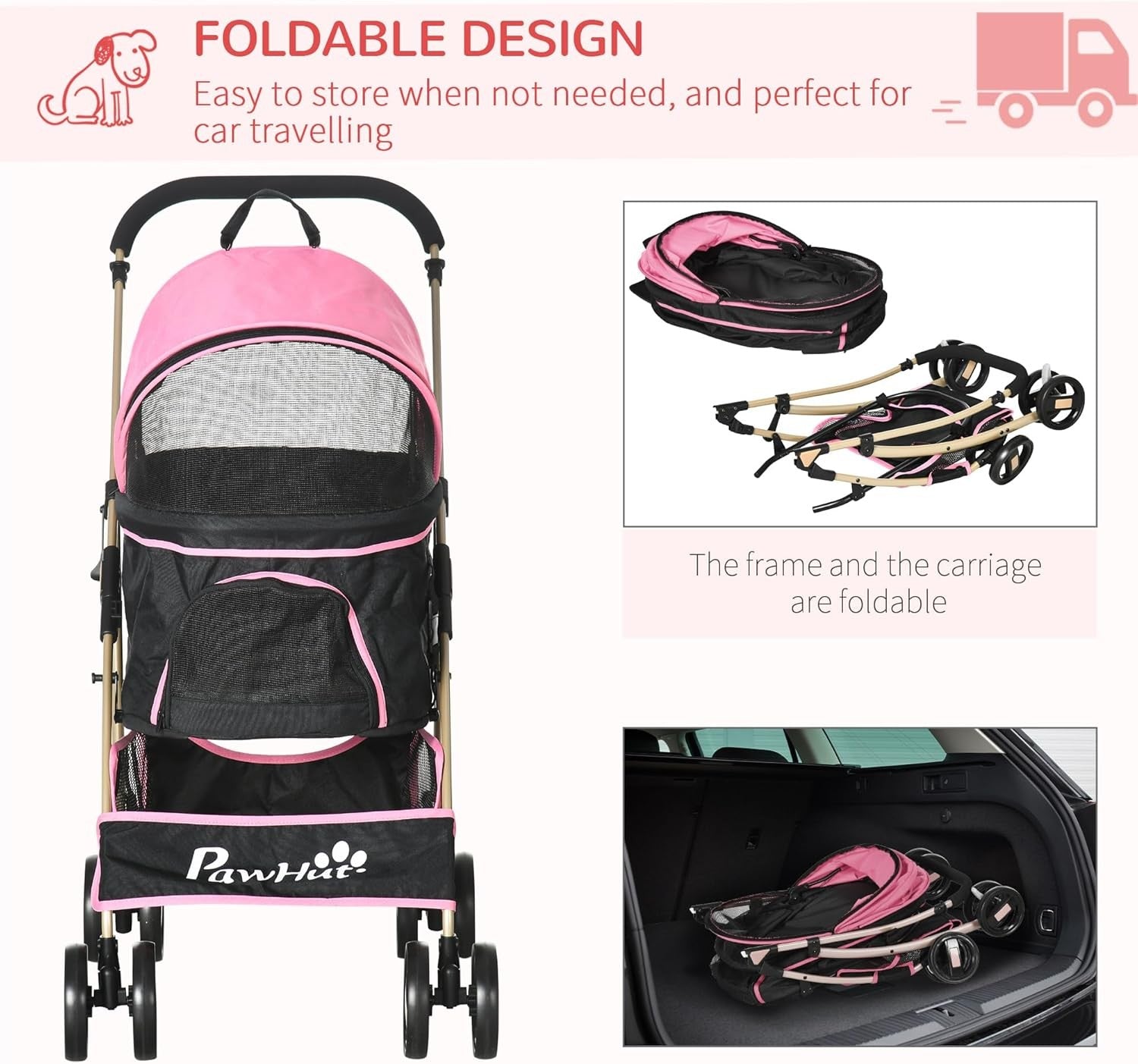 Pet Stroller 3-in-1 Foldable Dog Pushchair Rain Cover Pink Small Dogs