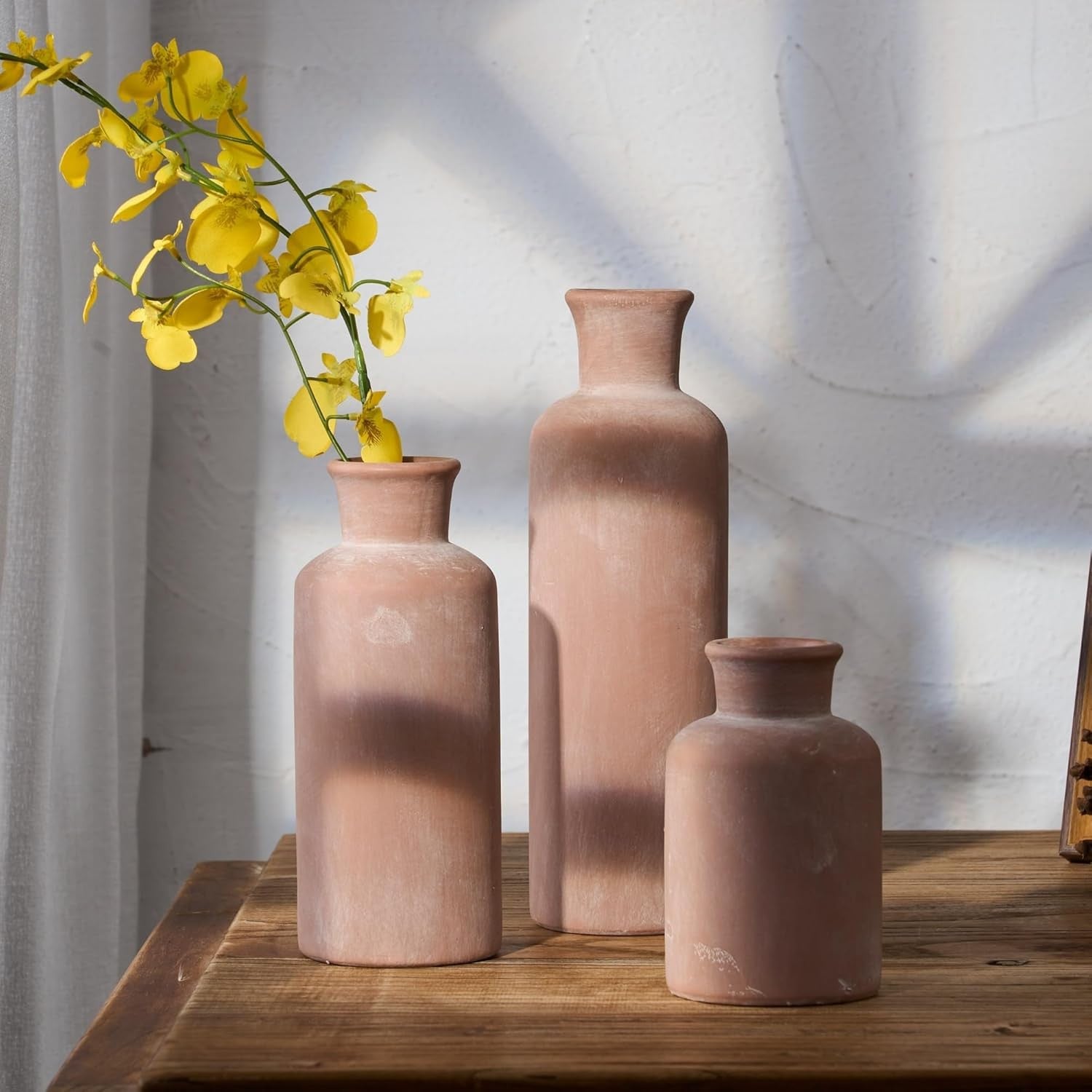 Ceramic Rustic Farmhouse Vase Set of 3 Whitewashed Terracotta Home Décor
