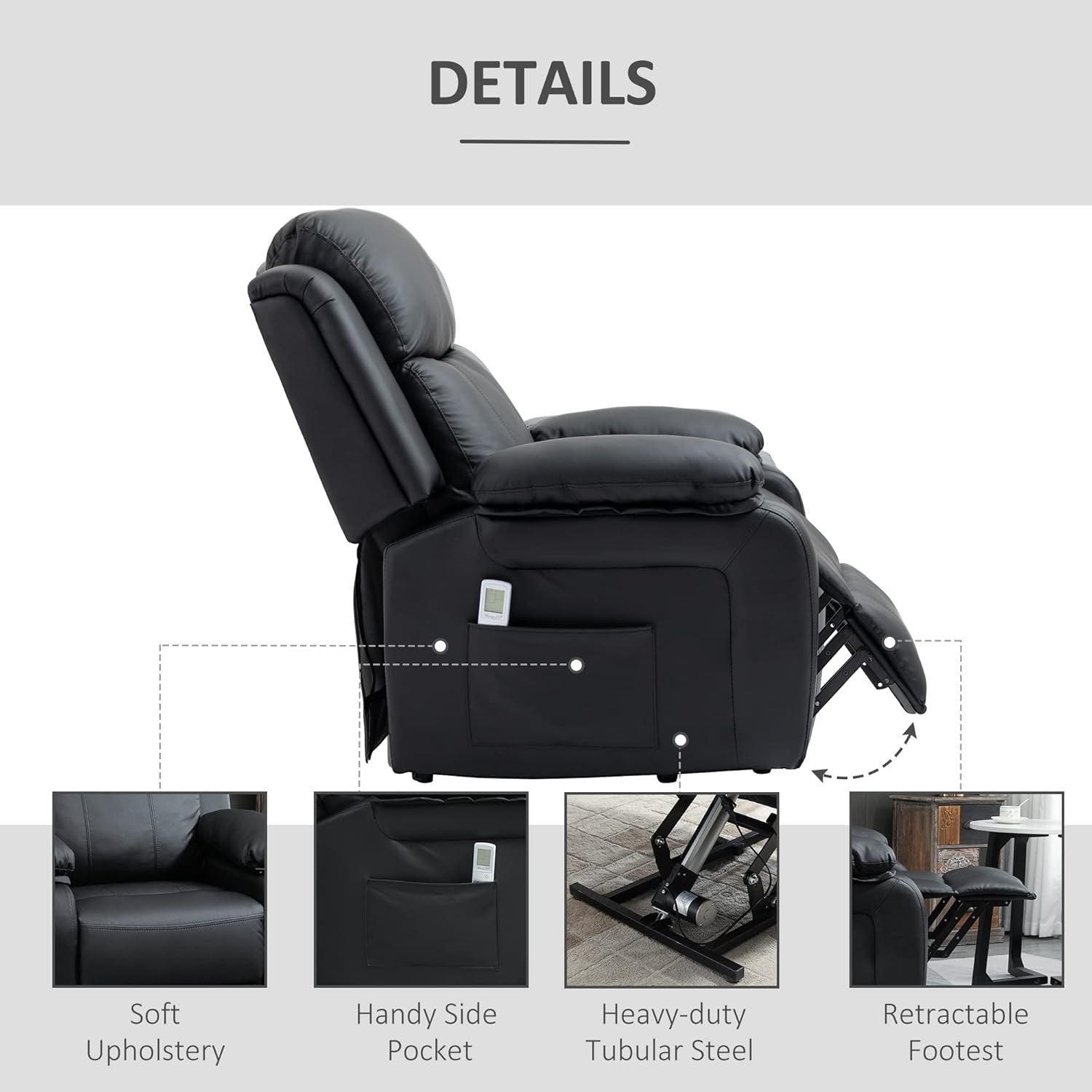 Power Lift Recliner Chair Massage Heat 160° Recline Footrest Side Pockets Black