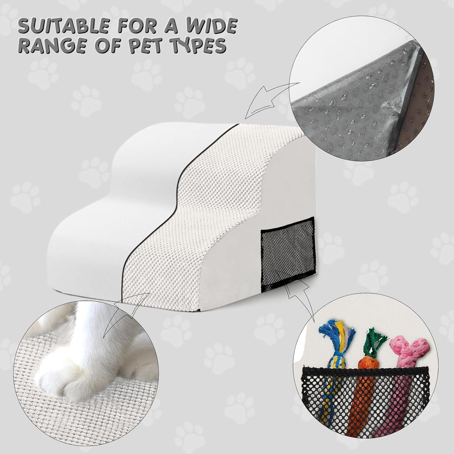 White 2 Step Dog Ramp 30D Foam Waterproof 40x40x30cm