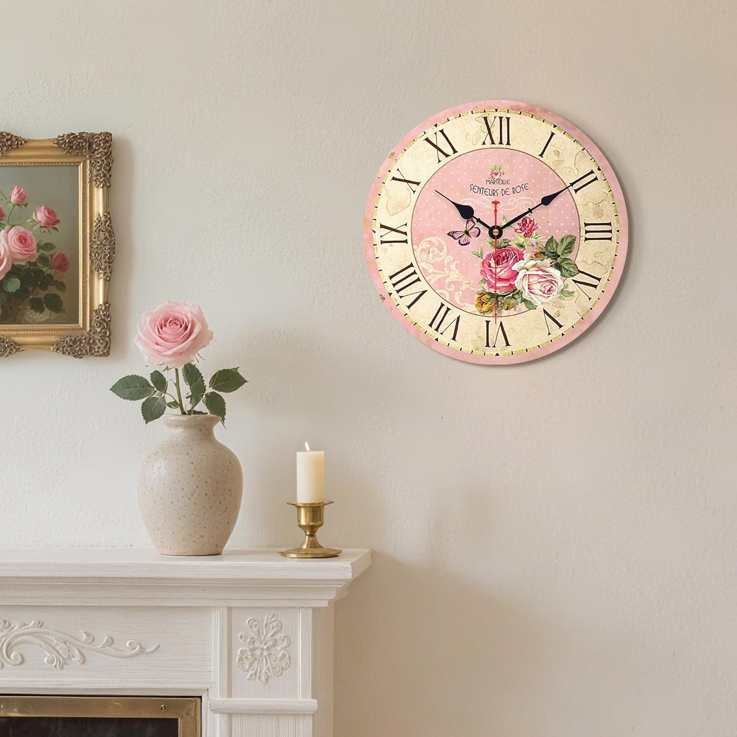 14” Vintage Pink Wooden Wall Clock Silent Non-Ticking Floral Roman Numerals Deco