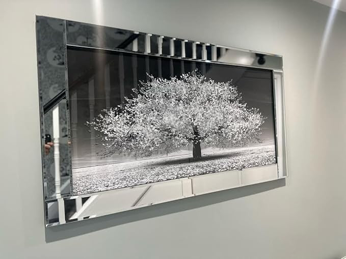 Blossom Tree 3D Glitter Liquid Wall Art 85x45cm Mirrored Frame Silver