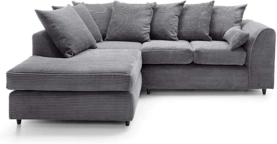L Shaped Corner Sofa Jumbo Cord Fabric Deep Cushions Grey 212cm Wide