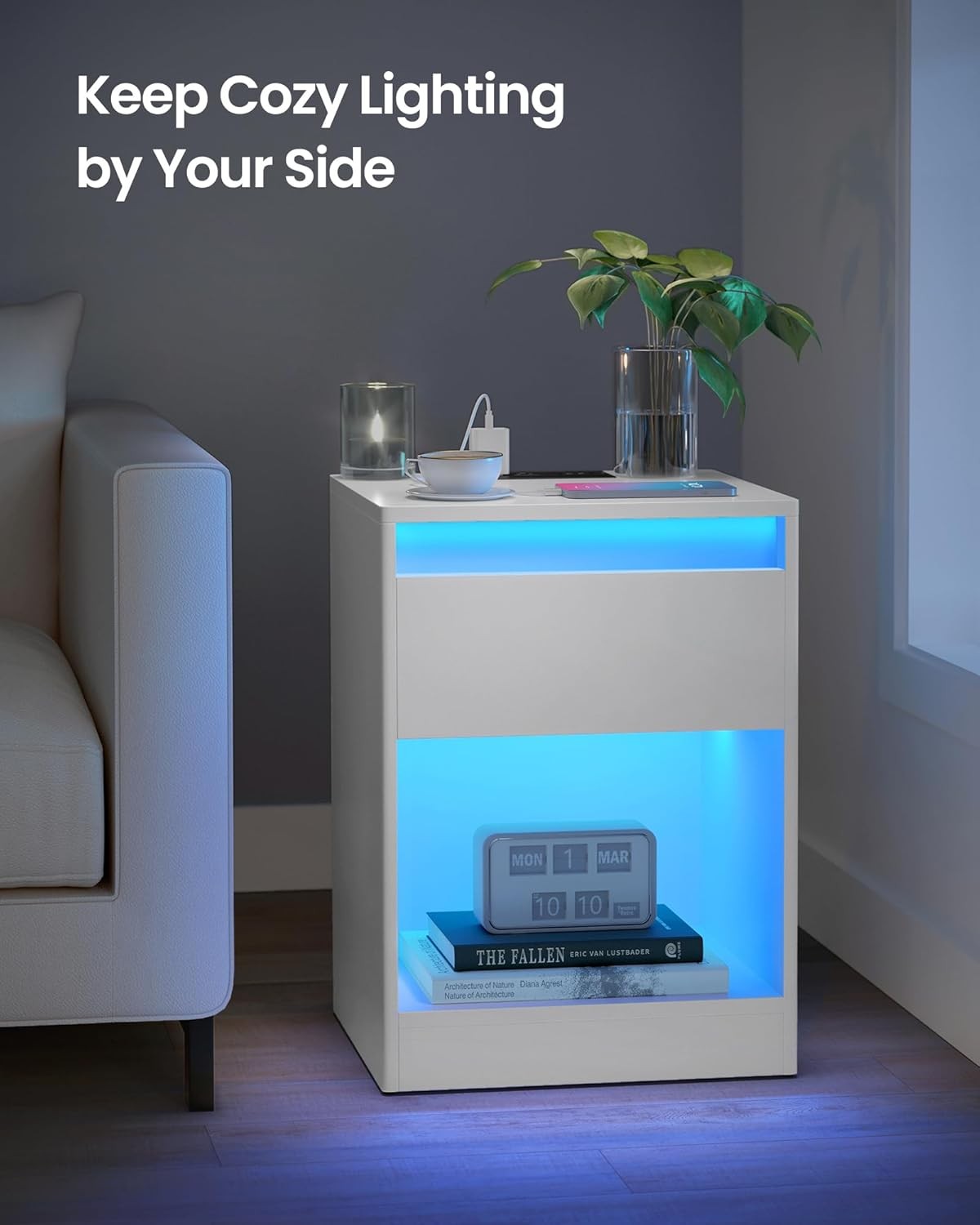 LED Bedside Table with Charging Station, Drawer & Adjustable Light Modes