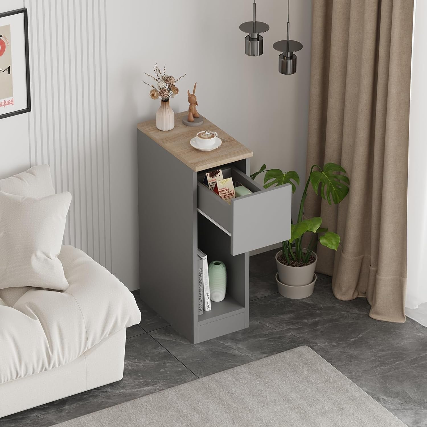 Slim Bedside Table with Drawer & Shelf, Narrow Nightstand for Small Spaces