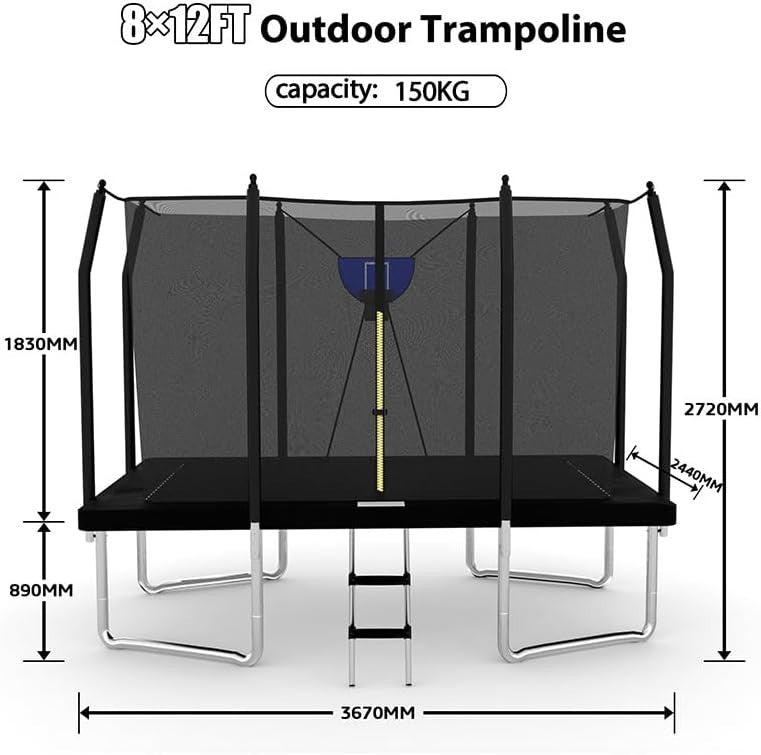 8x12ft Rectangular Garden Trampoline Safety Enclosure Ladder Basketball 150KG
