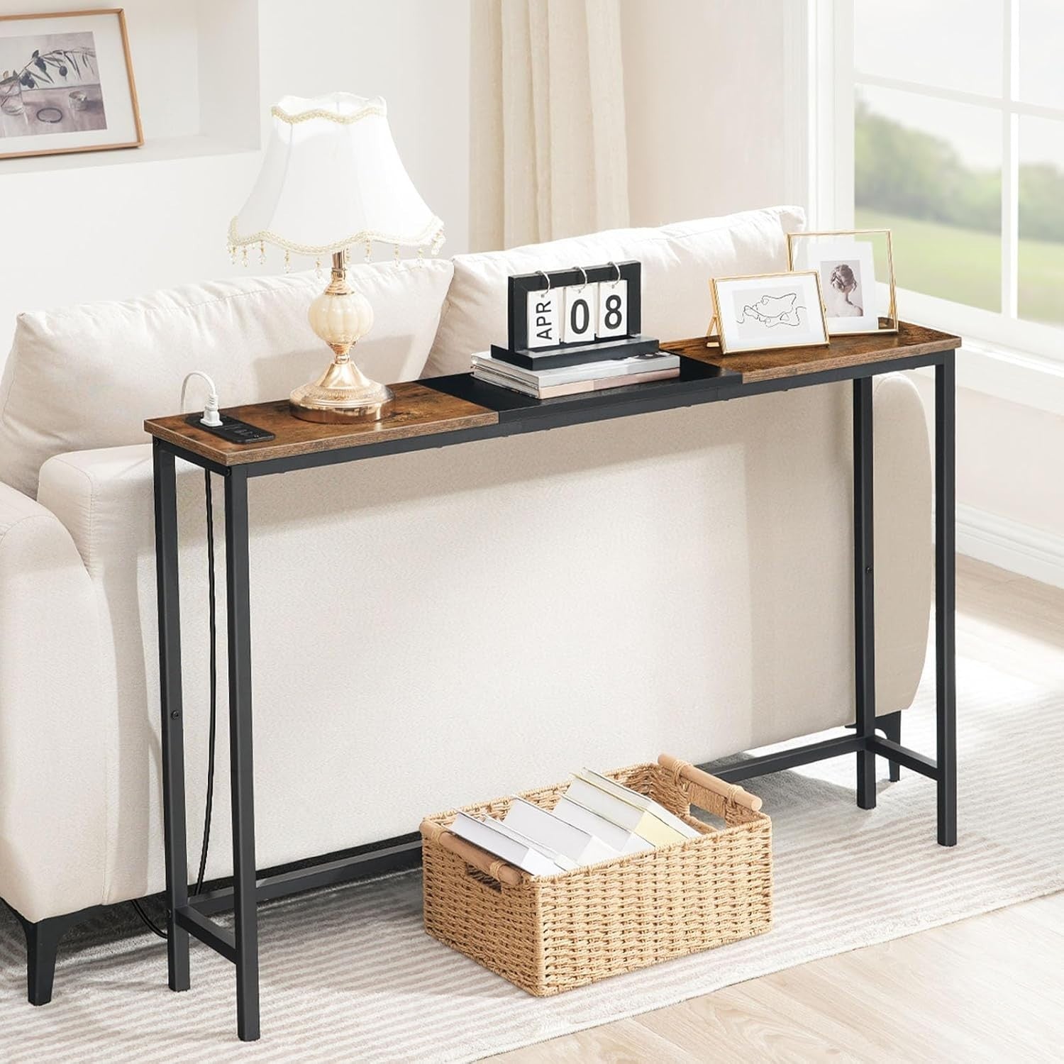 Slim Console Table with Charging Station | Power Outlet | Rustic Brown & Black
