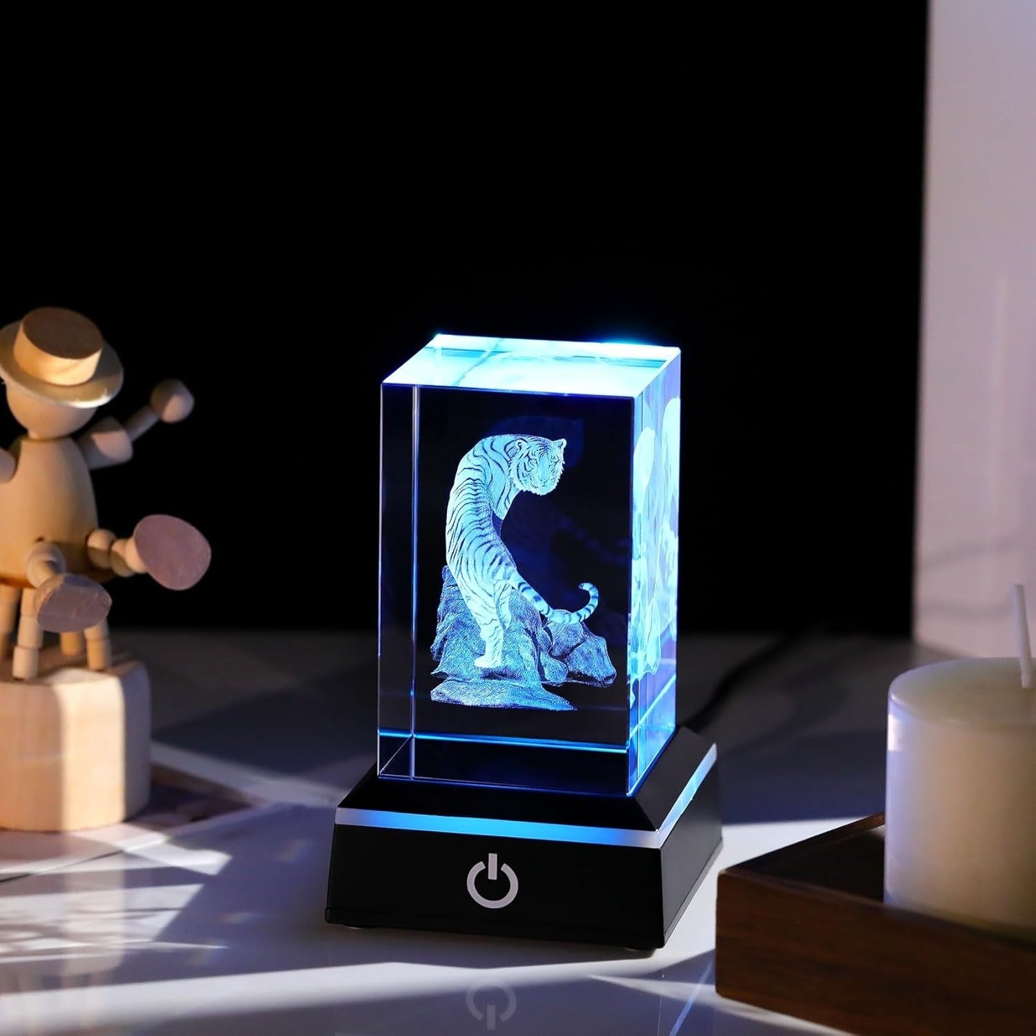 3D Crystal Tiger Figurine with LED Light Base • Engraved Glass Gift Ornament