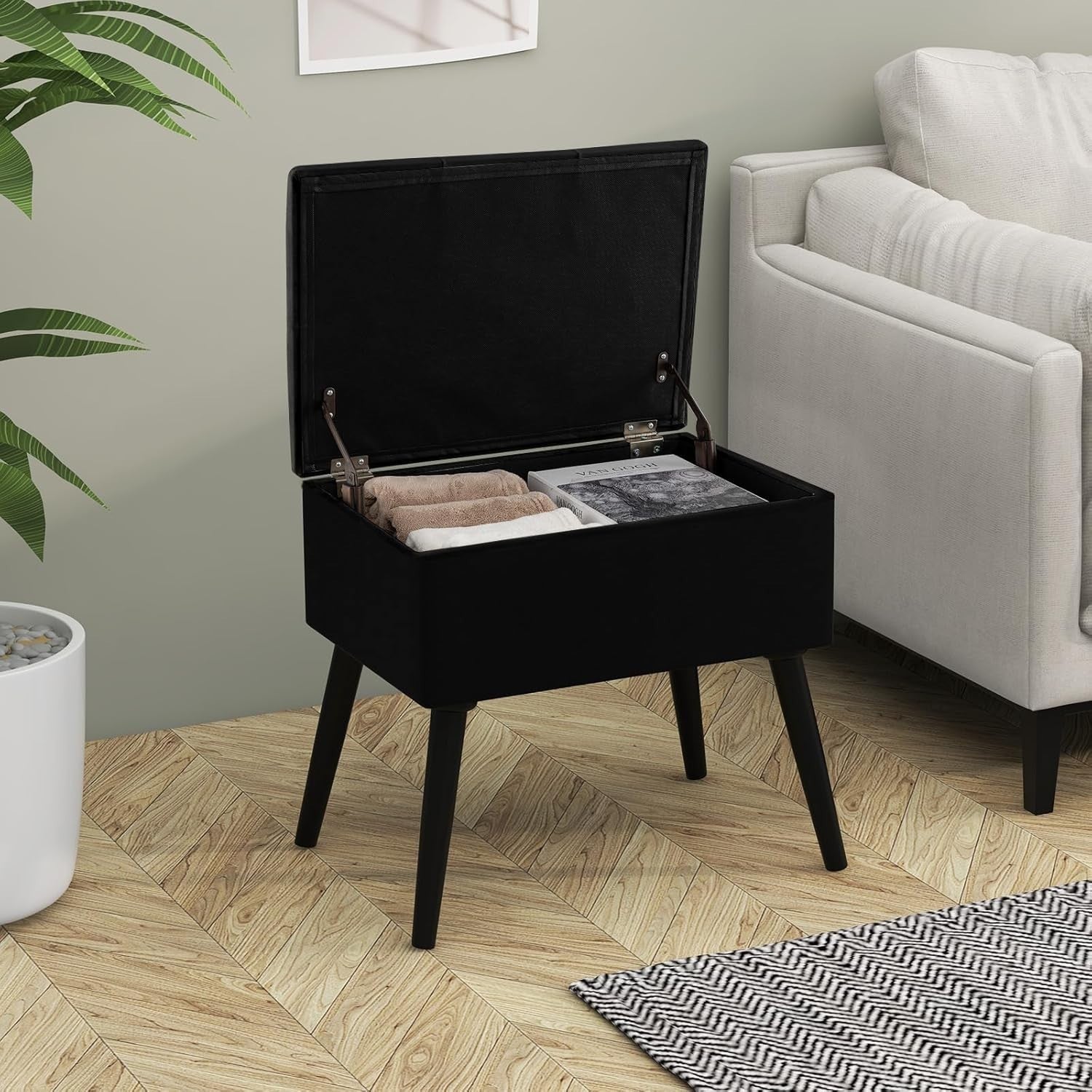 Black Velvet Flip-Top Footstool Storage Ottoman Vanity Stool with Wood Legs