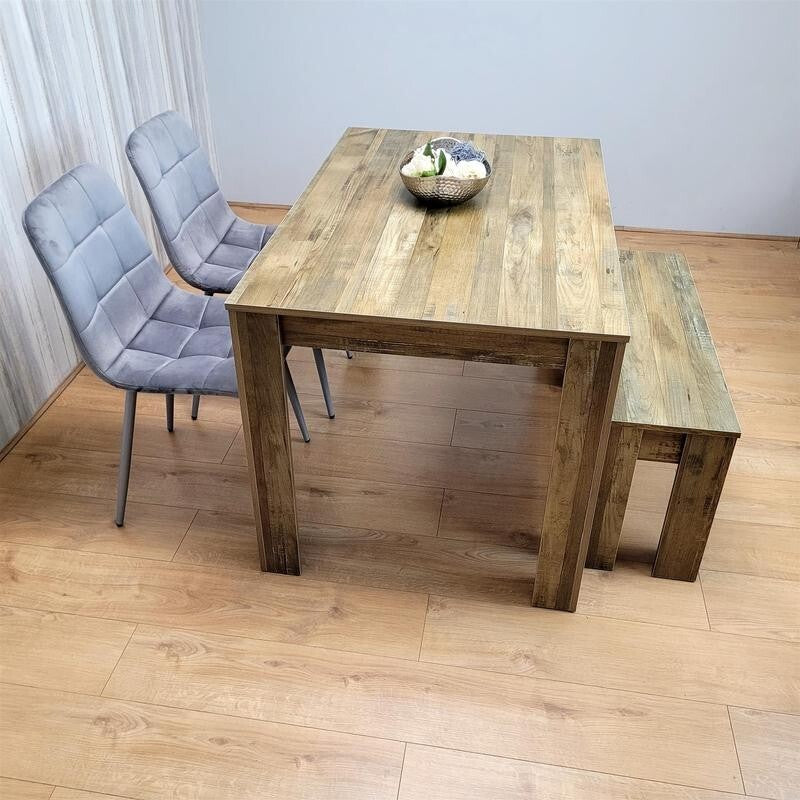Rustic Dining Table Set with 2 Grey Velvet Chairs & Wooden Bench for 4