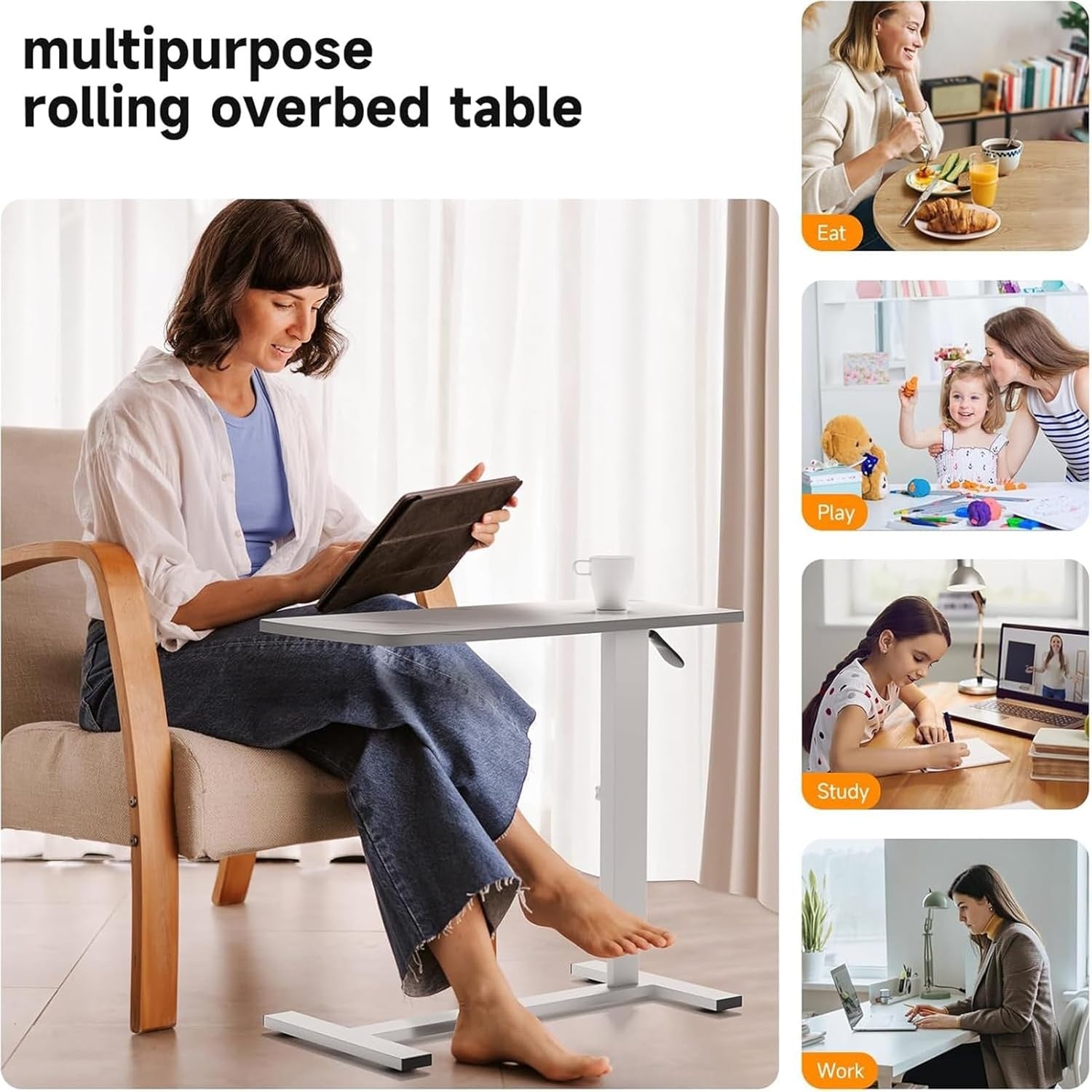 Overbed Table Adjustable Height Laptop Desk C Shaped Rolling Marble 80x40cm