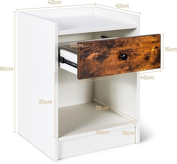 Modern White Bedside Tables Set of 2 with Drawer & Open Shelf 43x40x60cm