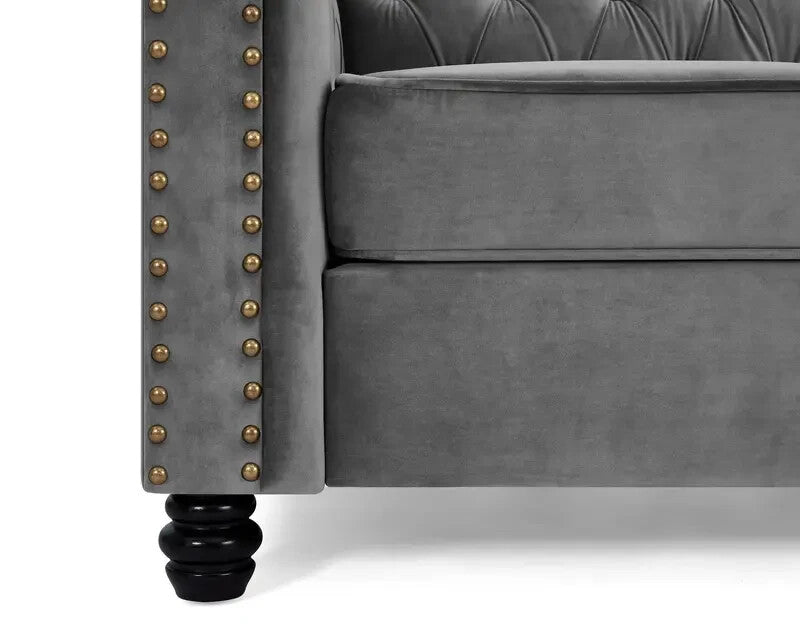 3 Seater Grey Chesterfield Sofa | Velvet Scroll Arms Stud Detail Sofa UK