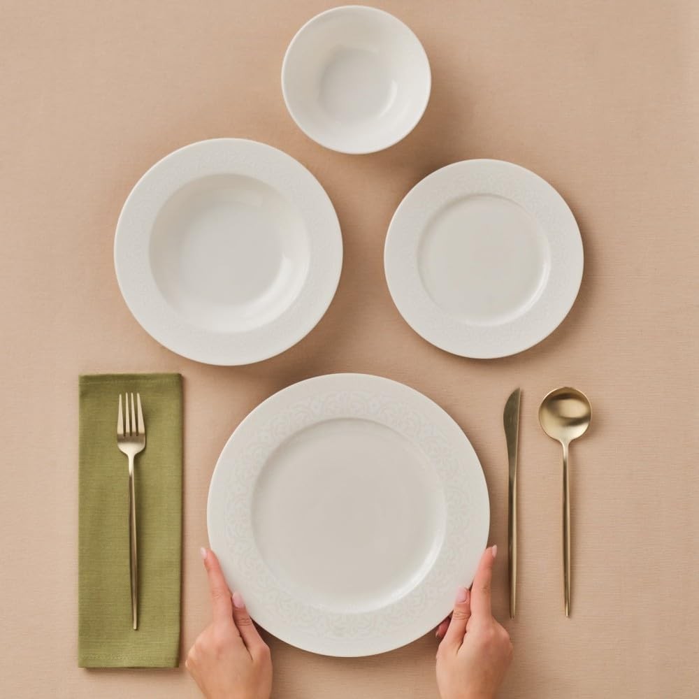 24pc Bone China Dinner Set White Plates Bowls Modern Tableware for 6